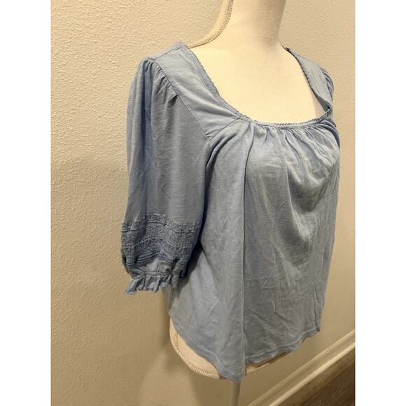 Lucky Brand Womens Sz Large Blouse Top Blue Square Neck 100% Cotton Short Sleeve - Picture 3 of 7